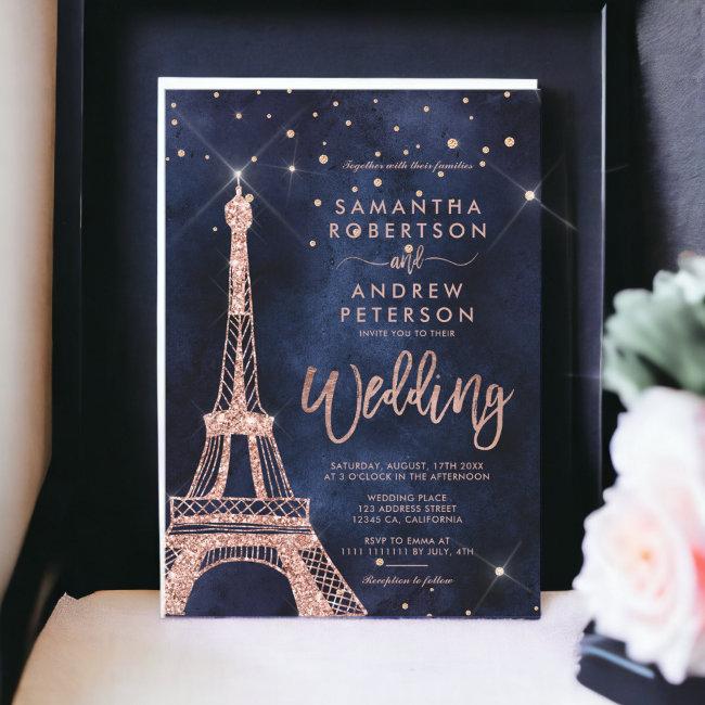 Eiffel Tower Rose Gold Glitter Navy Blue Wedding