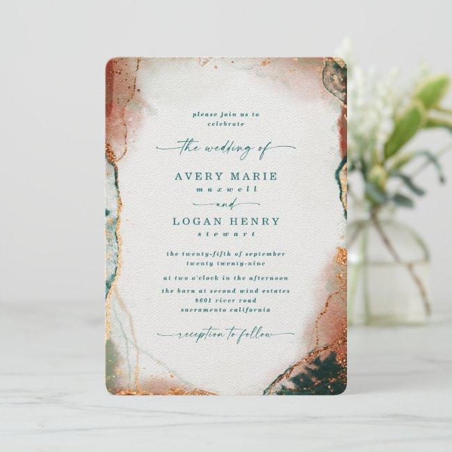 Elegant Abstract Watercolor Teal & Copper Wedding