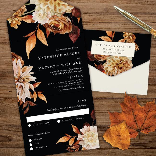 Elegant Autumn Watercolor Floral + Black Wedding All In One