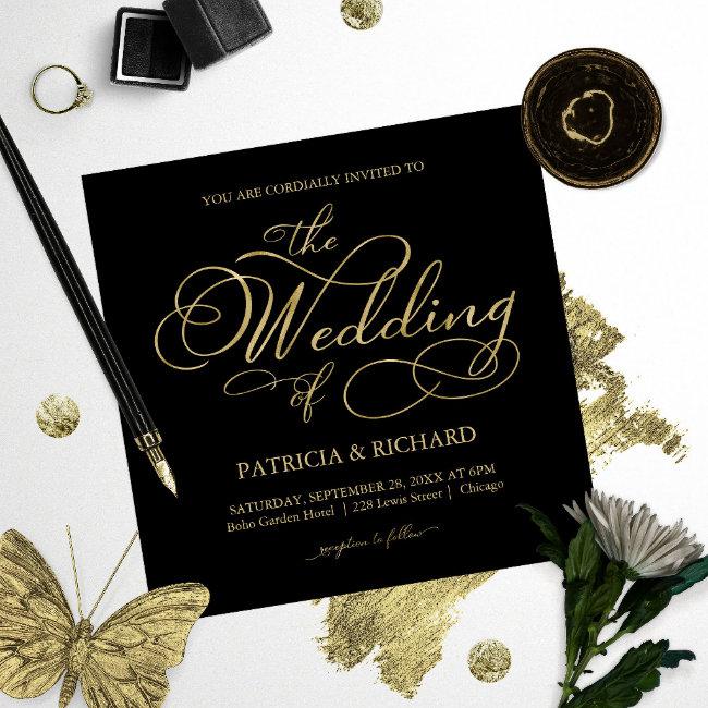 Elegant Black And Gold Foil Script Wedding