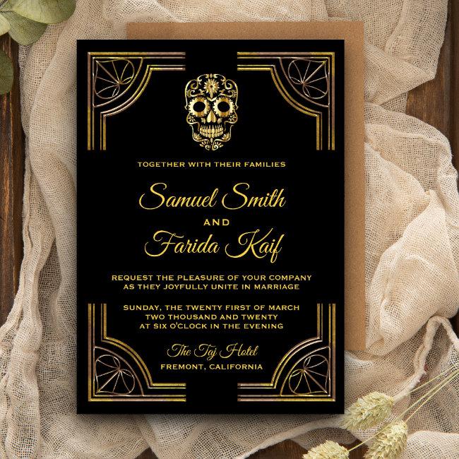 Elegant Black Gold Sugar Skull Wedding