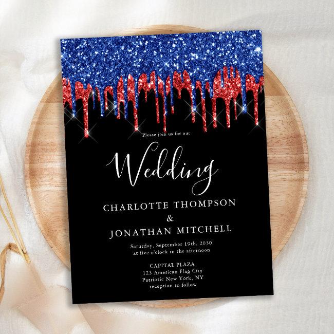 Elegant Black Red Blue Glitter Drips Wedding Invit Post