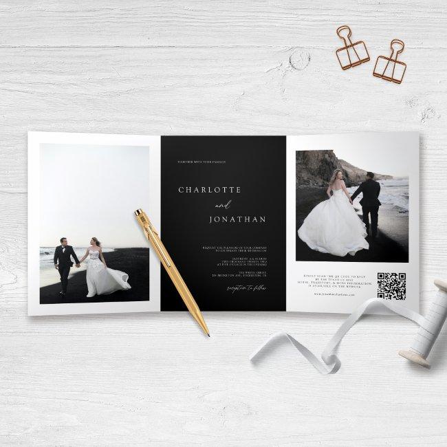 Elegant Black Wedding Rsvp Details Qr Code Photo Tri-fold