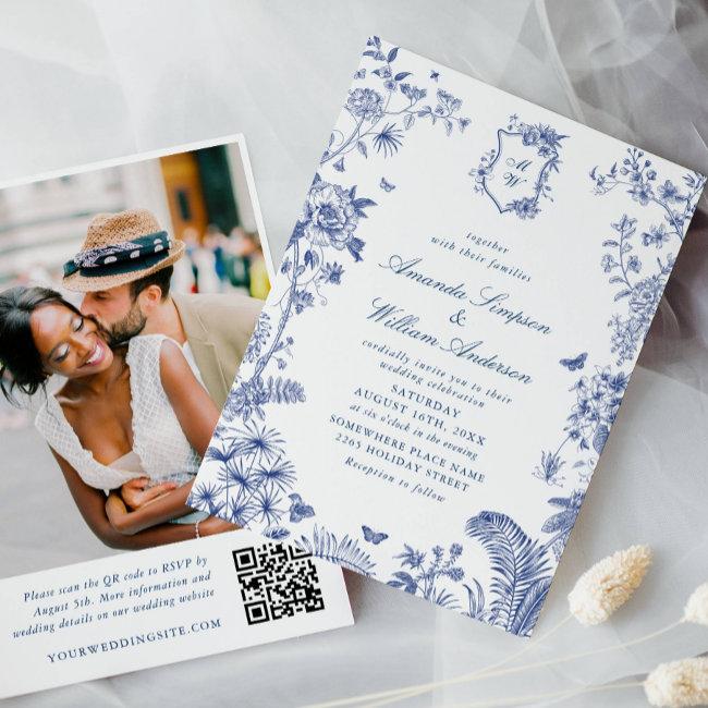 Elegant Blue French Garden Wedding Photo Qr Code
