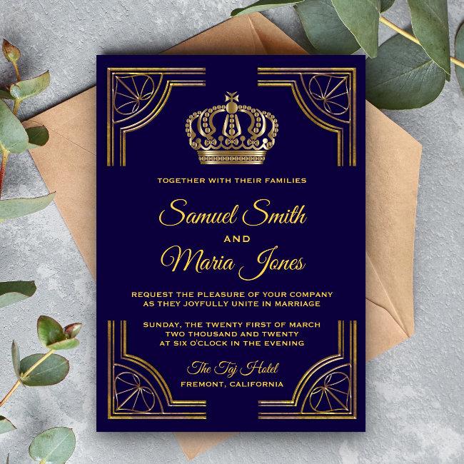 Elegant Blue Gold Ornate Crown Wedding