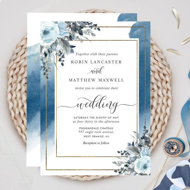 Elegant Blue Watercolor And Blue Floral Wedding