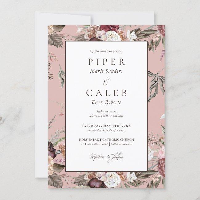 Elegant Blush Pink Burgundy Floral Wedding Invitat