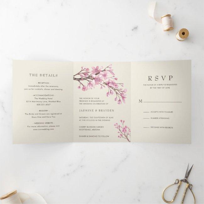 Elegant Cherry Blossom Pink Floral Wedding Tri-fold