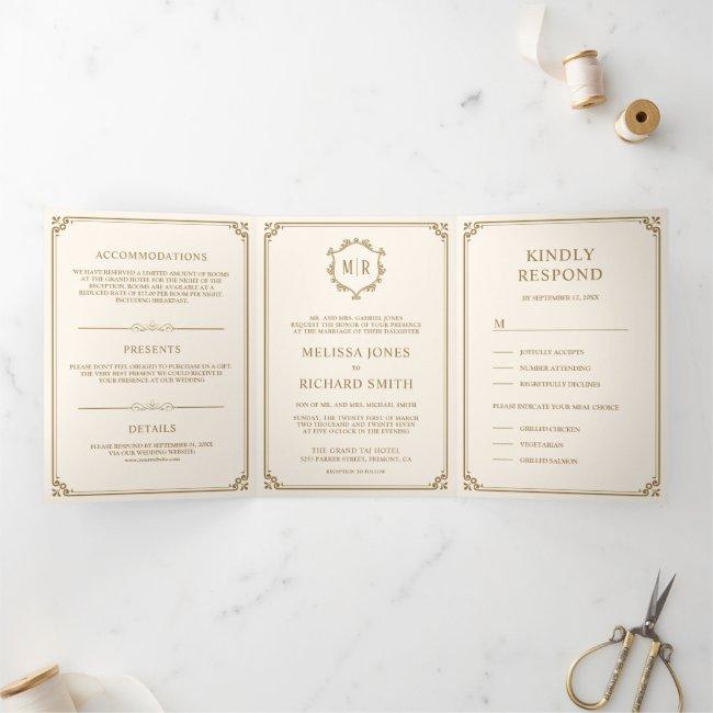 Elegant Classic Cream And Gold Monogram Wedding Tri-fold