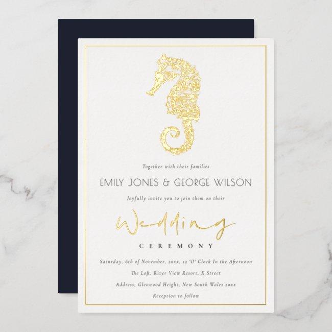 Elegant Classy Gold Foil Navy Seahorse Wedding Foil