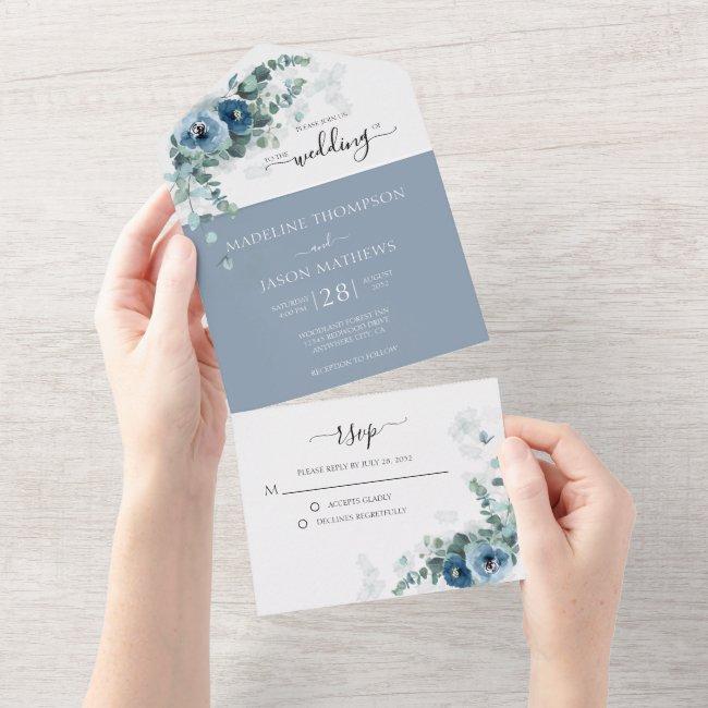 Elegant Floral Dusty Blue Watercolor Wedding All In One