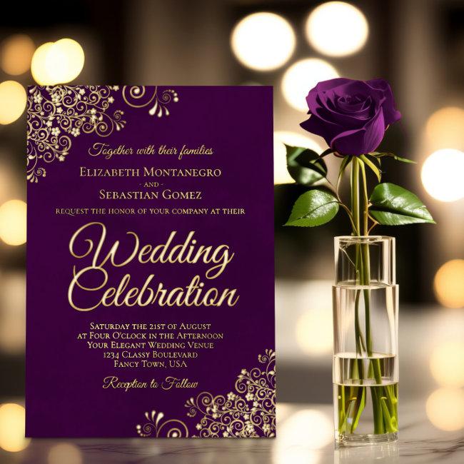 Elegant Gold Floral Frills On Plum Purple Wedding Foil