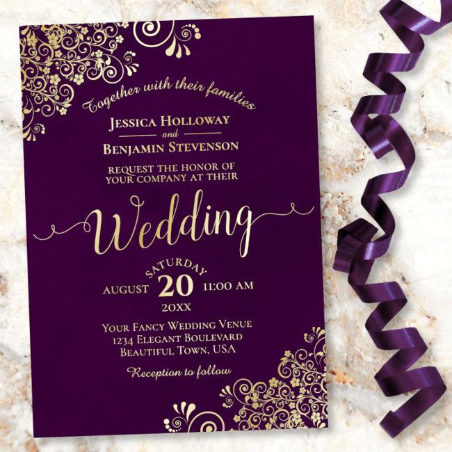 Elegant Gold Lace On Plum Purple Frilly Wedding Foil