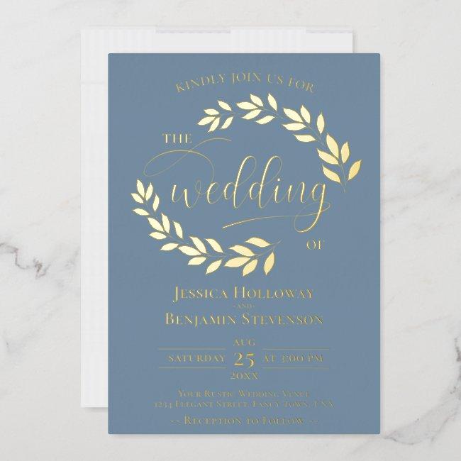 Elegant Gold Leaves On Dusty Blue Classy Wedding Foil