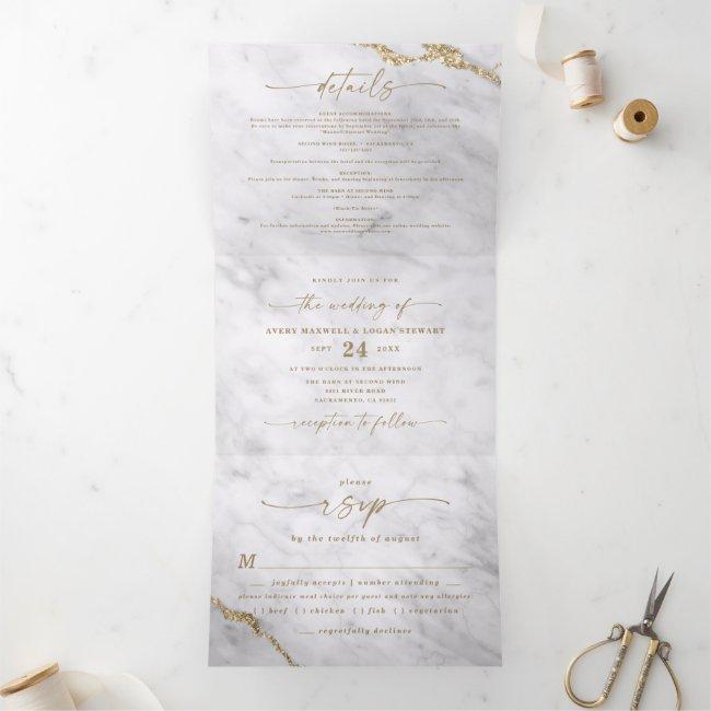 Elegant Gray & White Marble With Gold Foil Wedding Tri-fold