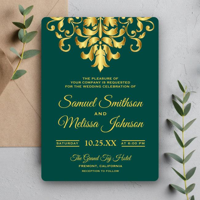 Elegant Green Gold Damask Wedding