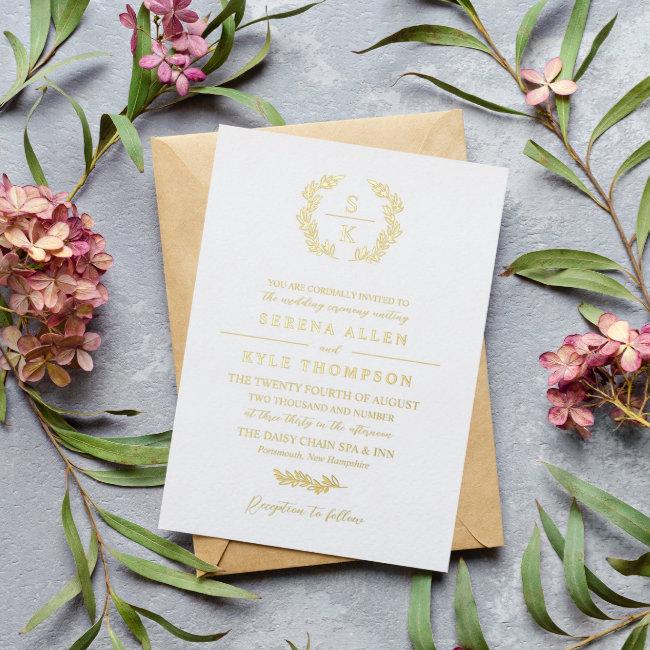 Elegant Laurel Wreath Monogram Typography Wedding Foil