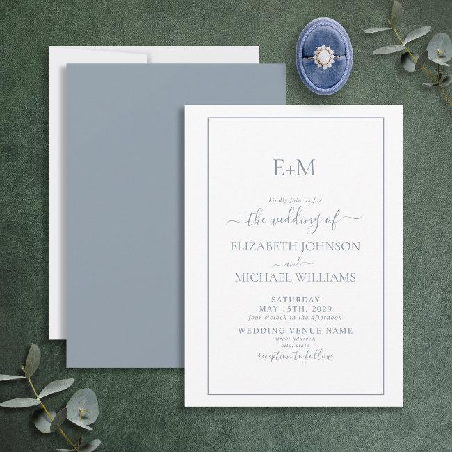 Elegant Minimal Dusty Blue Formal Monogram Wedding