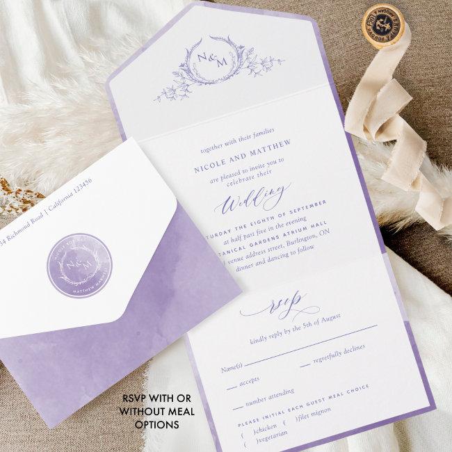 Elegant Monogram Lavender Lilac Watercolor Wedding All In One