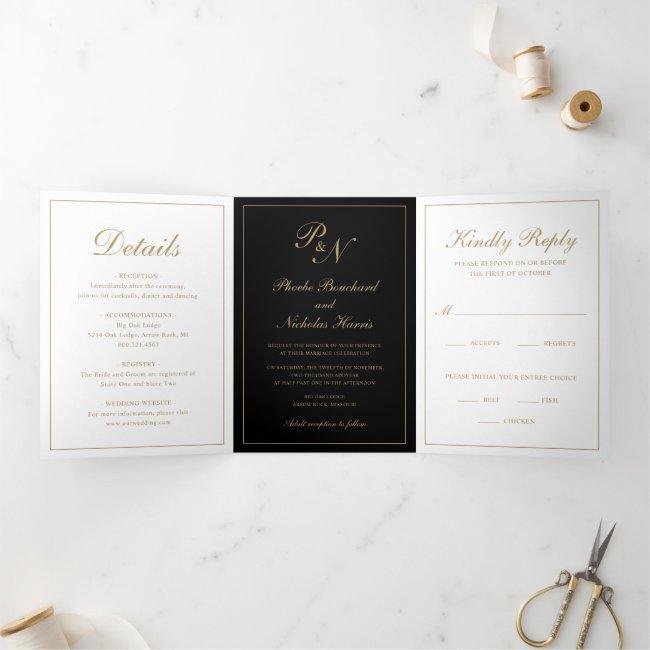 Elegant Monogram Photo Black Gold Formal Wedding Tri-fold