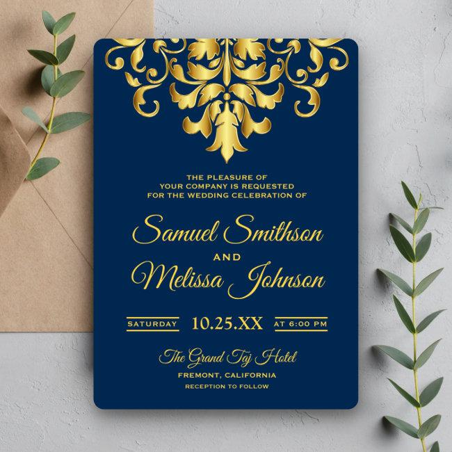 Elegant Navy Blue Gold Damask Wedding