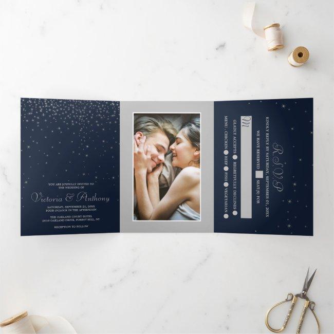 Elegant Navy & Silver Falling Stars Wedding Suite Tri-fold