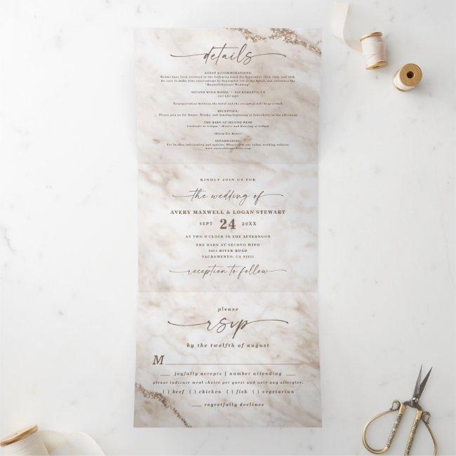Elegant Off White Beige Marble With Foil Wedding Tri-fold