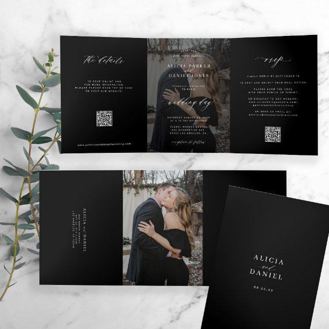 Elegant Photo Black Wedding Rsvp Details Qr Code Tri-fold