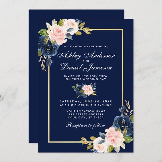 Elegant Pink Blush Blue Floral Wedding Gold Frame