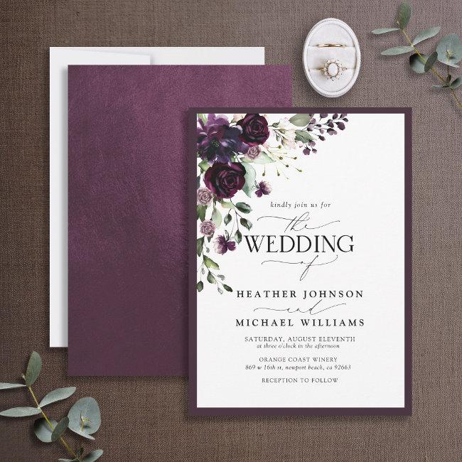 Elegant Plum Purple Floral Watercolor Script
