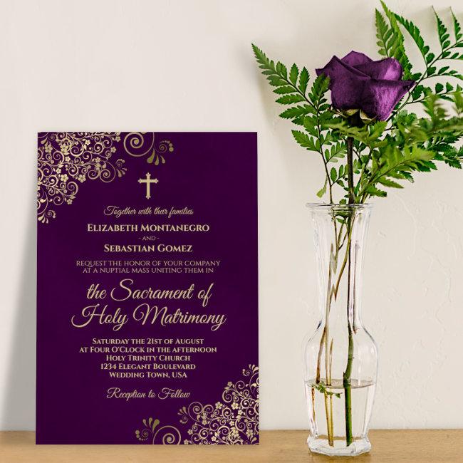 Elegant Plum Purple & Gold Modern Catholic Wedding