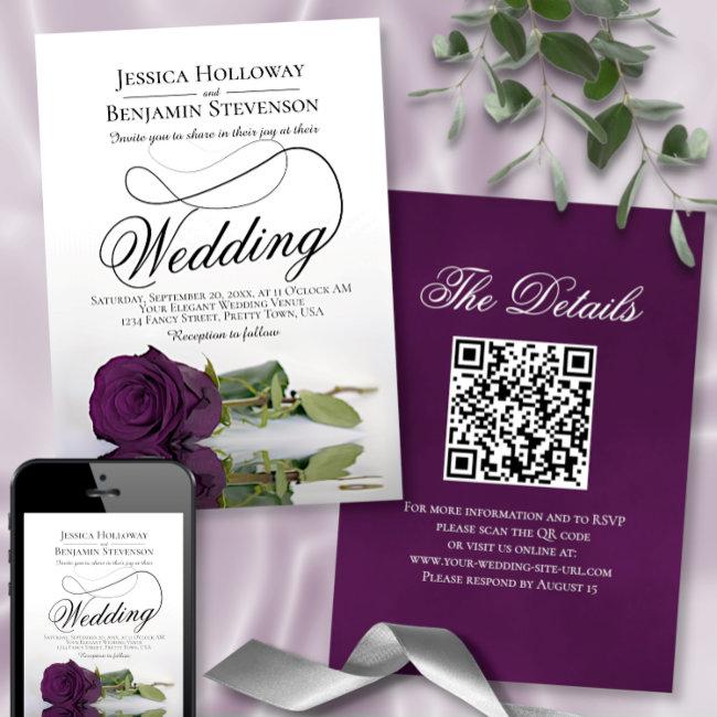 Elegant Plum Purple Rose Fancy Qr Code Wedding