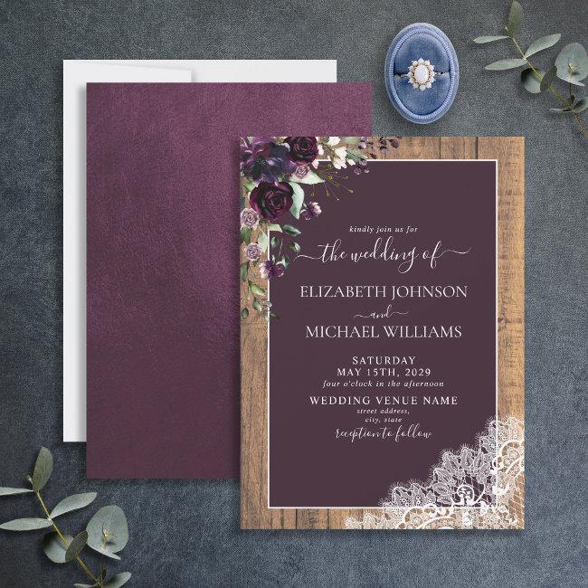 Elegant Plum Purple Rustic Wood Script Wedding