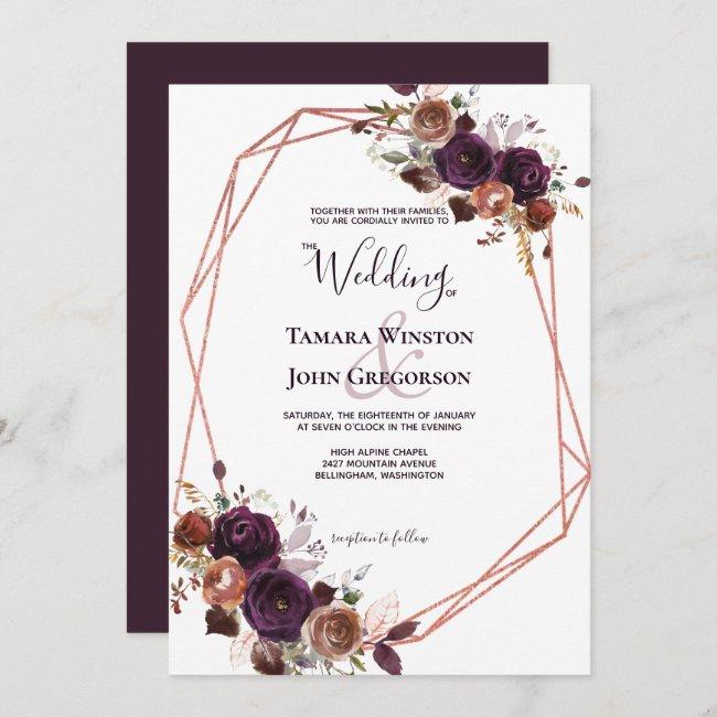 Elegant Purple Rose Gold Floral Geometric Wedding