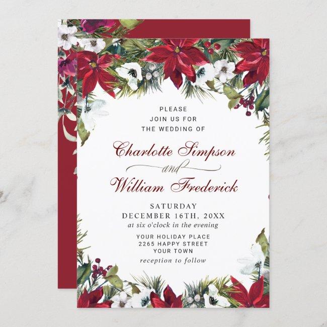 Elegant Red Poinsettia Pine Fir Watercolor Wedding