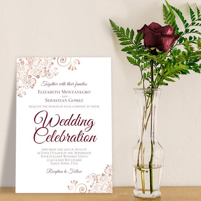 Elegant Rose Gold Lace With Burgundy Text Wedding