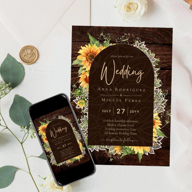 Elegant Rustic Sunflowers And Lace Wedding Invite