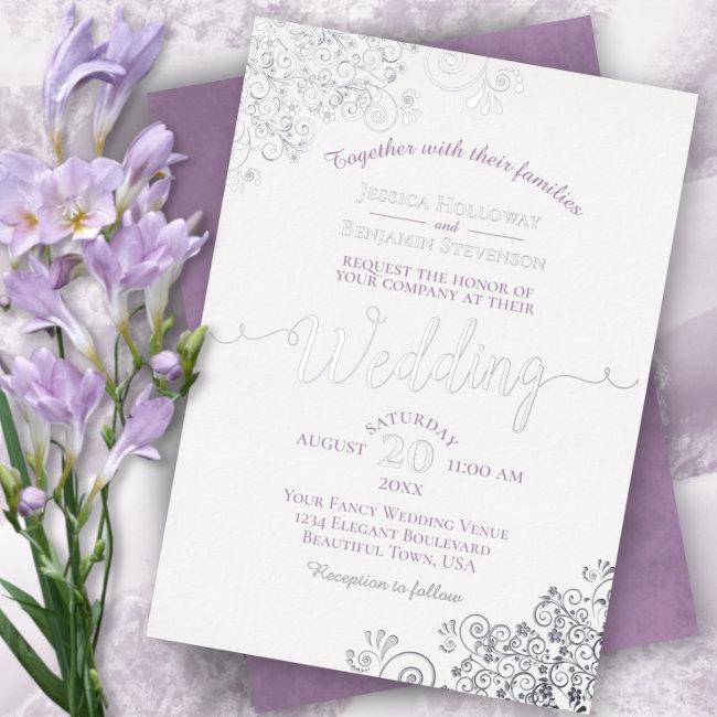 Elegant Silver Lace & Lavender On White Wedding Foil