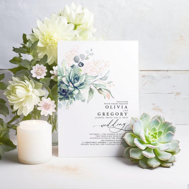 Elegant Succulents And Rose Gold Greenery Wedding Foil