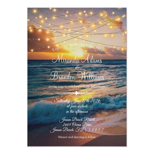 Elegant Sunset Beach String Lights Summer Wedding