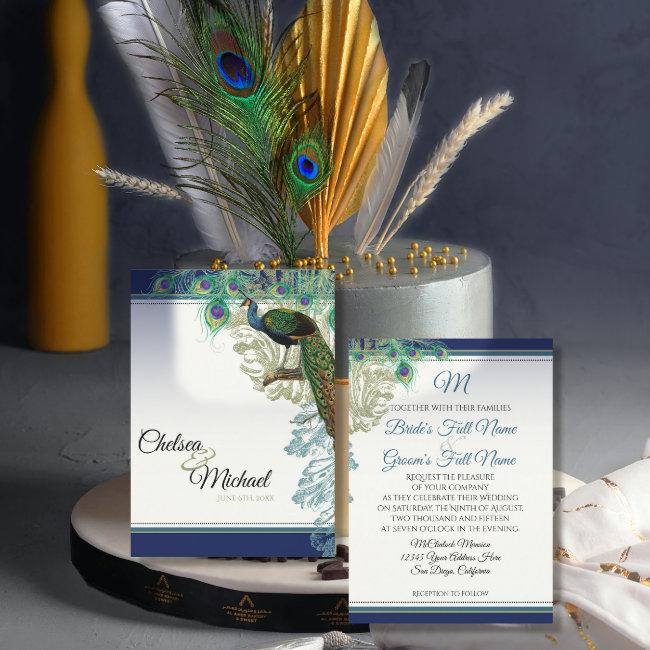 Elegant Vintage Peacock Feathers Navy Blue Wedding