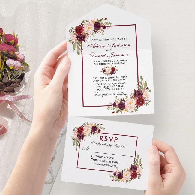 Elegant Watercolor Burgundy Floral Wedding All In One