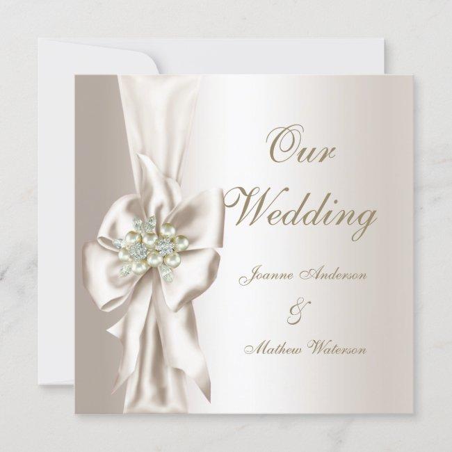 Elegant Wedding Damask Pearl Cream White Bow