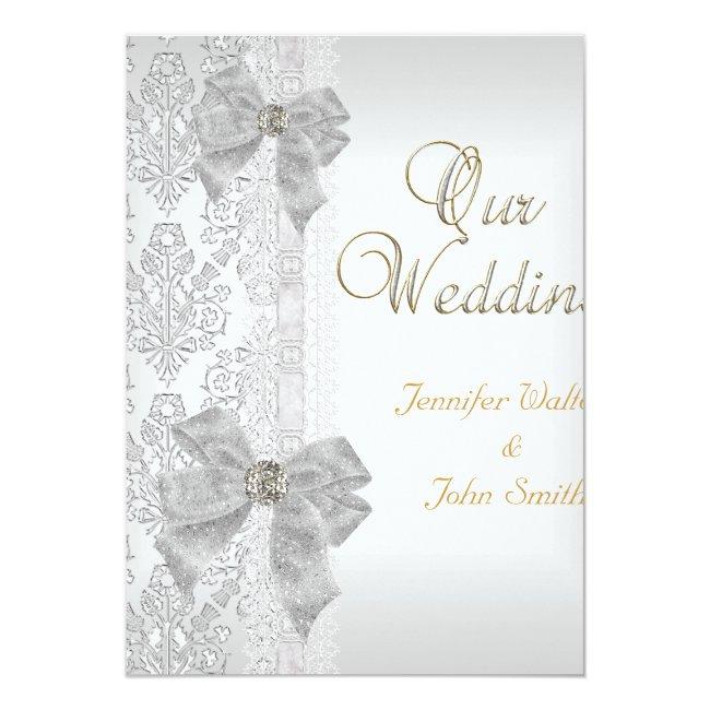 Elegant Wedding Damask Silver White Bow Set