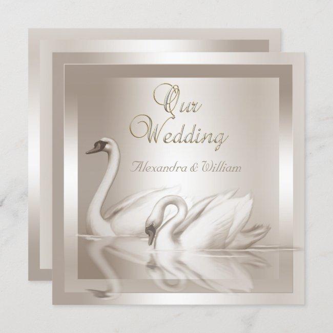 Elegant Wedding Swans Damask Cream White