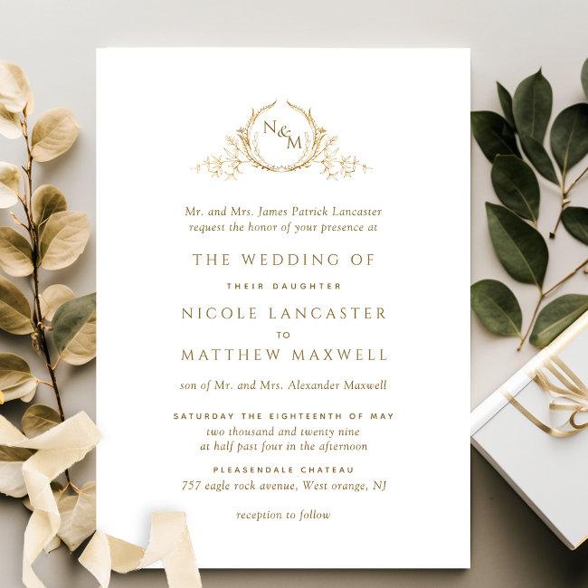 Elegant White And Gold Monogram Formal Wedding