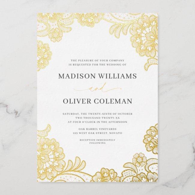 Elegant White + Gold Foil Lace Wedding Real Foil