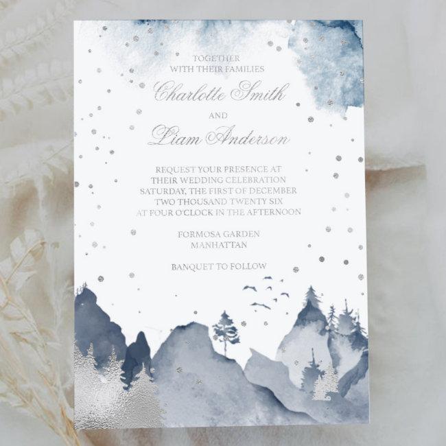 Elegant Winter Mountain Forest Wedding Silver Foil Foil