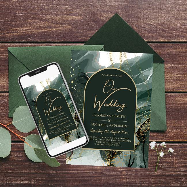 Emerald Gold Marbled Printed Or Digital Wedding