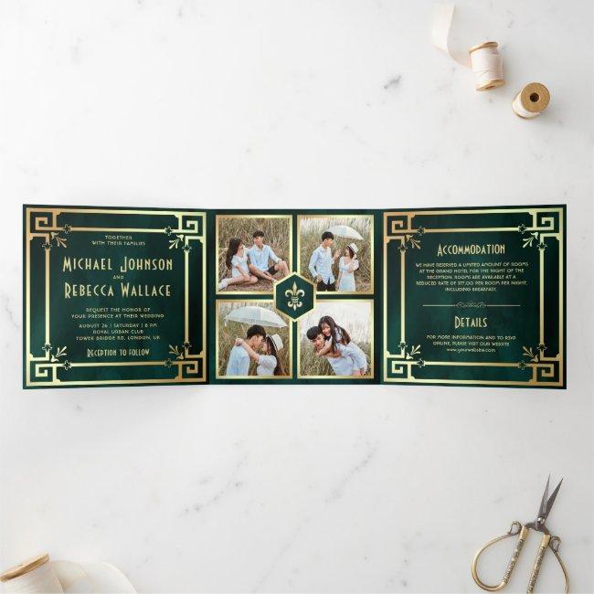 Emerald Green Gold Art Deco Photo Collage Wedding Tri-fold